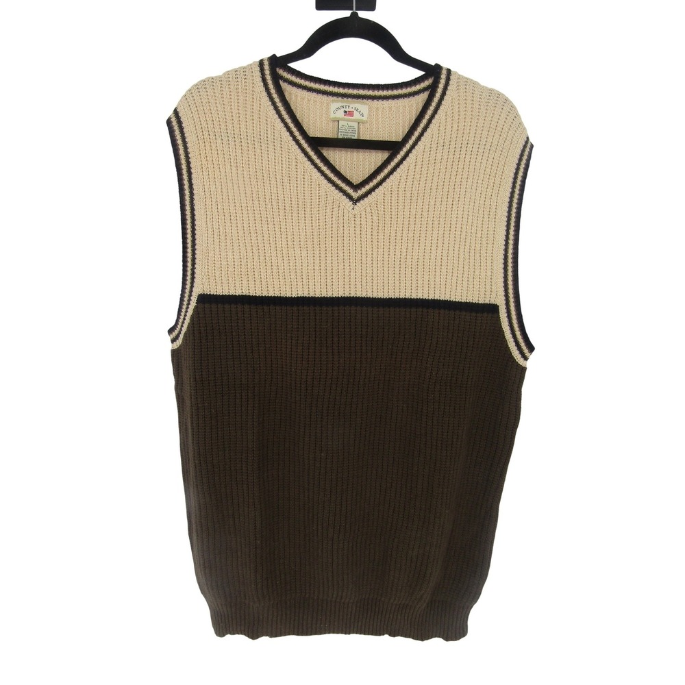 County Seat‎ Sweater Vest Mens Large Brown Beige Colorblock Ribbed Knit Academia